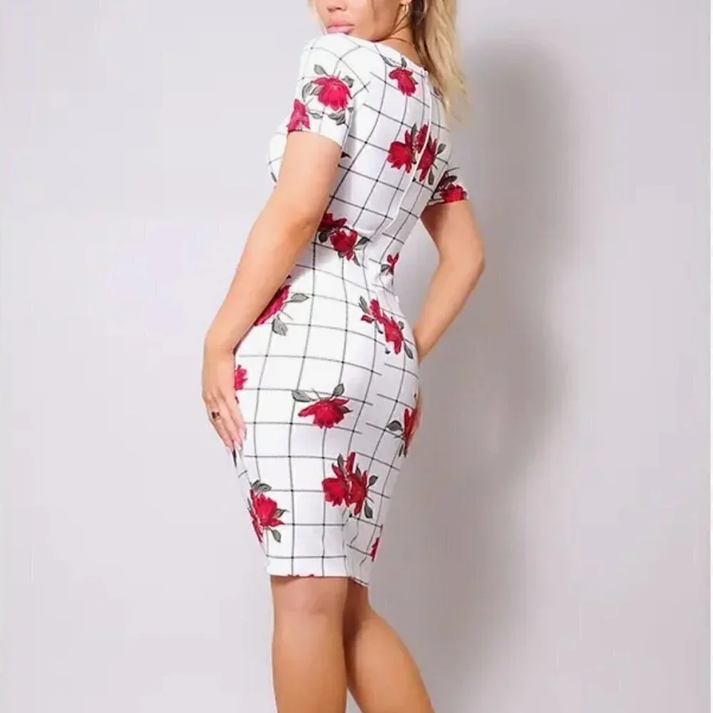Women’s White and Red Short Sleeve Body Con Floral Midi Dress